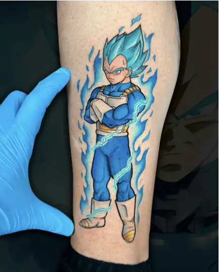 Colored Vegeta Standing With Blue Flames Leg Tattoo