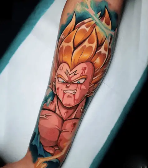 Colored Fierce Wounded Vegeta Arm Tattoo