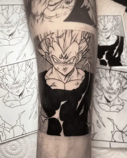 Black and Grey Angry Vegeta Leg Tattoo