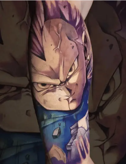 Colored Close Up Portrait of Vegeta Leg Tattoo