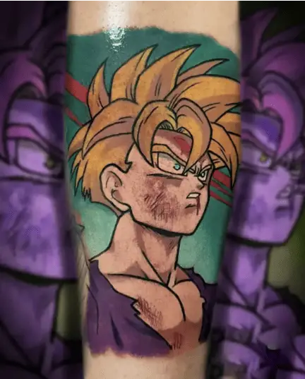Colored Blonde Short Hair Wounded Son Gohan Arm Tattoo