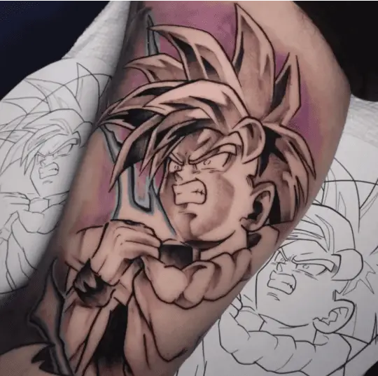 Whip Shade Angry Son Gohan With Violet Background Arm Tattoo