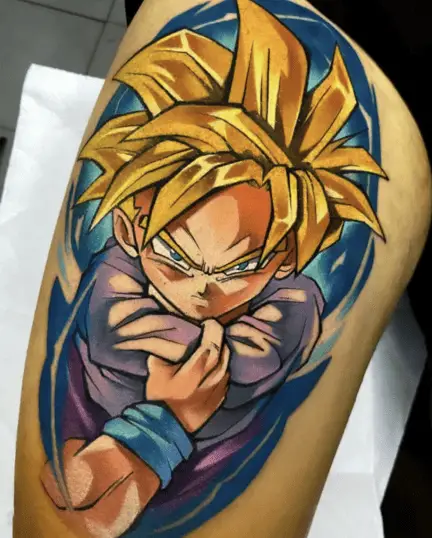 Colored Son Gohan Holding His Scarf Thigh Tattoo