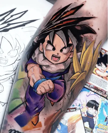 Colored Kid Son Gohan Punching One Arm Leg Tattoo