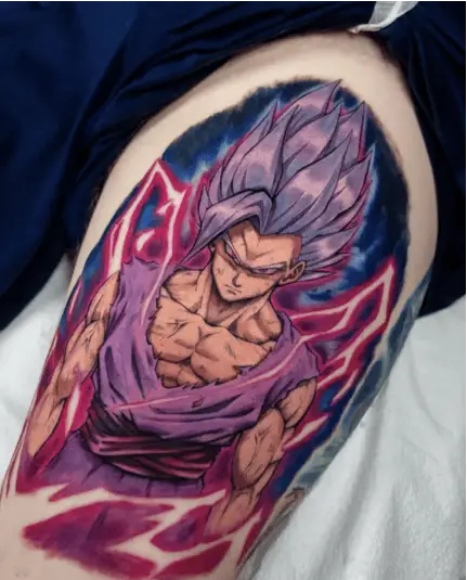 Colored Mad Son Gohan With Electric Thigh Tattoo