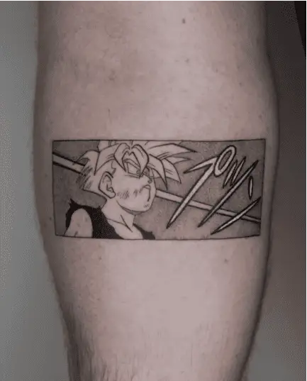 Black and Grey Son Gohan With Japanese Charaters Manga Panel Leg Tattoo