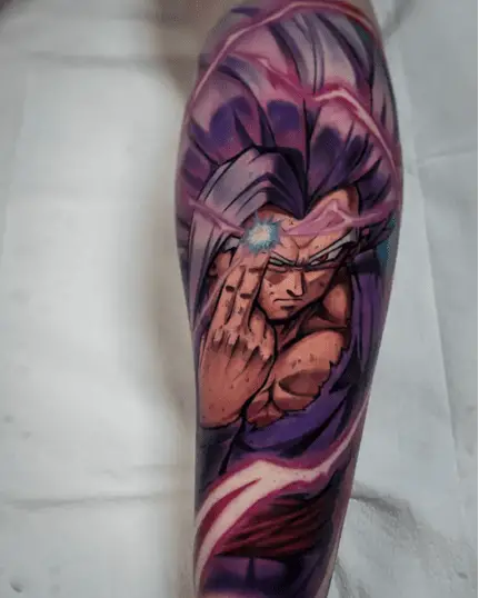 Colored Son Gohan Doing His Beast Special Beam Cannon Skill Leg Tattoo