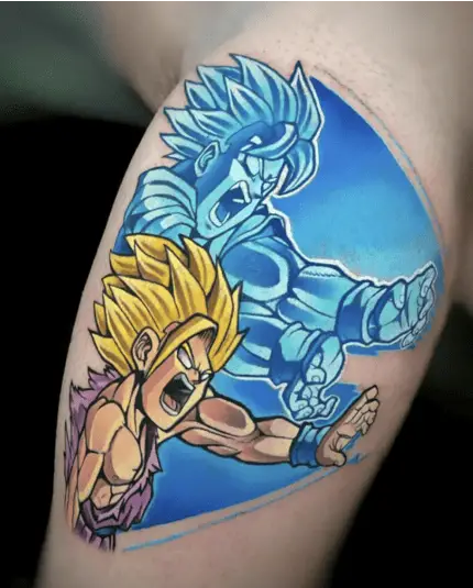 Colored Son Gohan in Fighting Pose Leg Tattoo