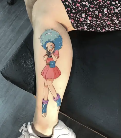 Colored BIg Hair Bulma Standing Leg Tattoo