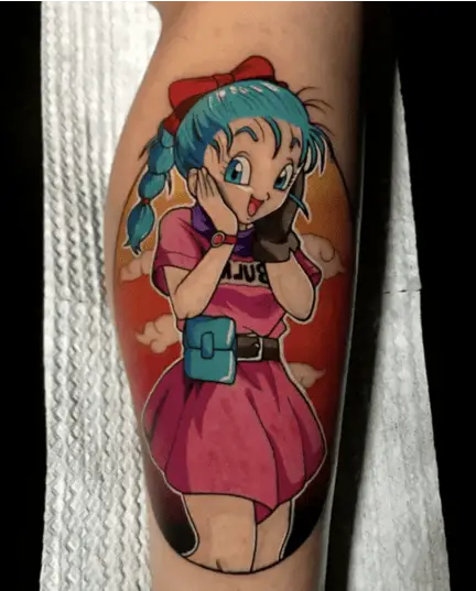 Colored Bulma in Romantic Excitement Gesture Leg Tattoo