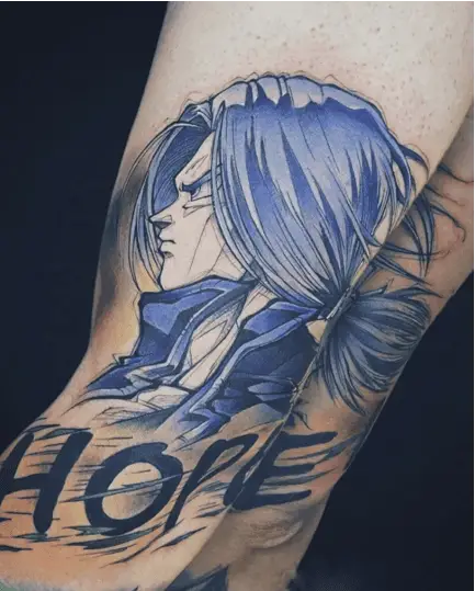 Colored Long Hair Trunks in Side View Leg Tattoo