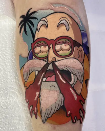 Colored Master Roshi Nosebleeding Leg Tattoo