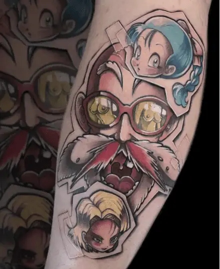 Colored Sticker Master Roshi Nosebleed With Bulma and Eighteen Leg Tattoo