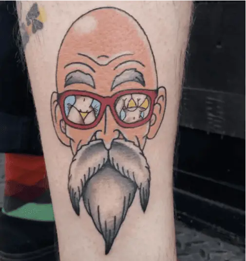 Colored Master Roshi Head With Bikini Reflection in His Sunglasses Leg Tattoo