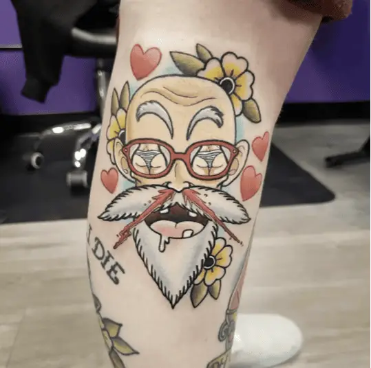 Colored Master Roshi Nosebleeds While Looking at the Girl's hips With Flowers Leg Tattoo