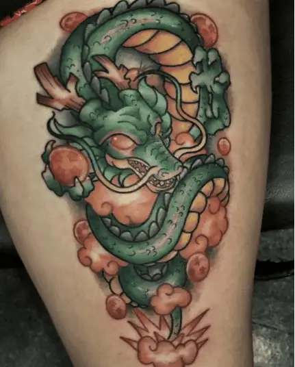 Colored Shenron With Dragon Balls and Orange Clouds Thigh Tattoo