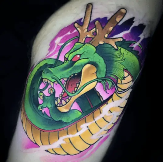 Colored Shenron With Violet Background Thigh Tattoo