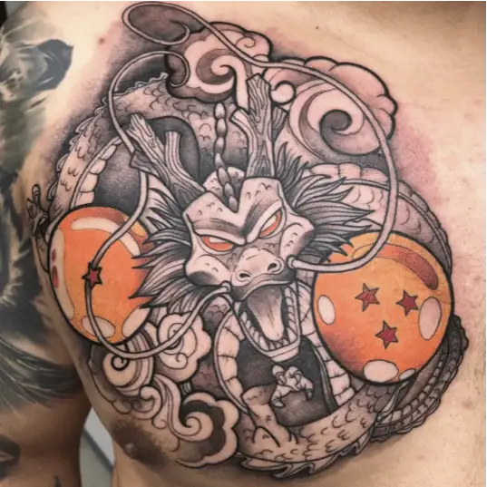 Whip Shade Shenron With Colored Two Dragon Balls Chest Tattoo