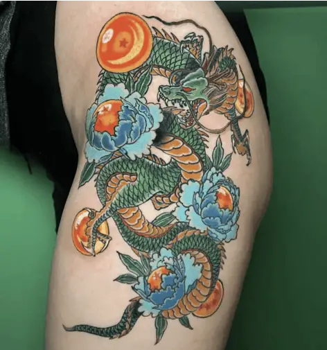 Colored Shenron With Floral Dragon Balls Thigh Tattoo