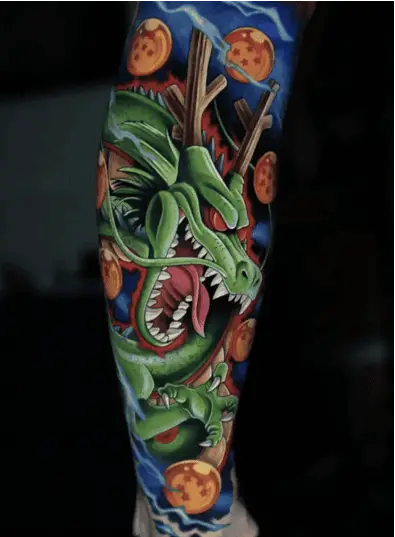 Colored Angry Shenron With Dragon Balls Leg Tattoo