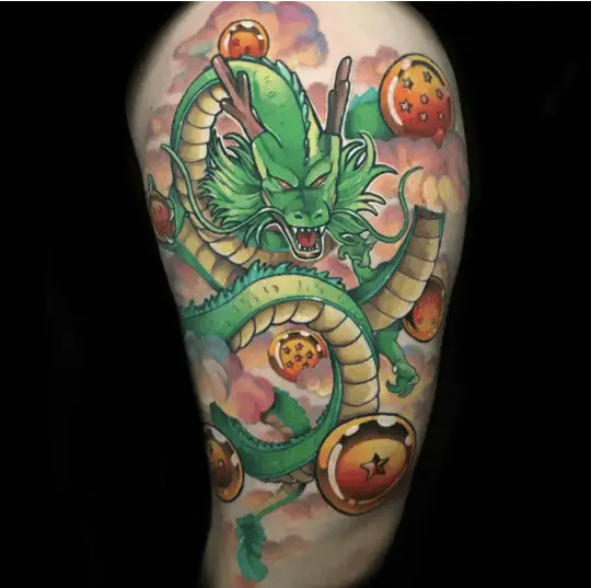 Colored Shenron With Sunset Clouds Background Thigh Tattoo