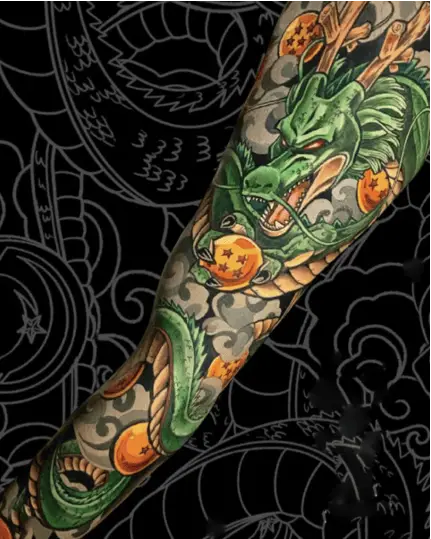Colored Shenron With Dragon Balls Arm Sleeve Tattoo