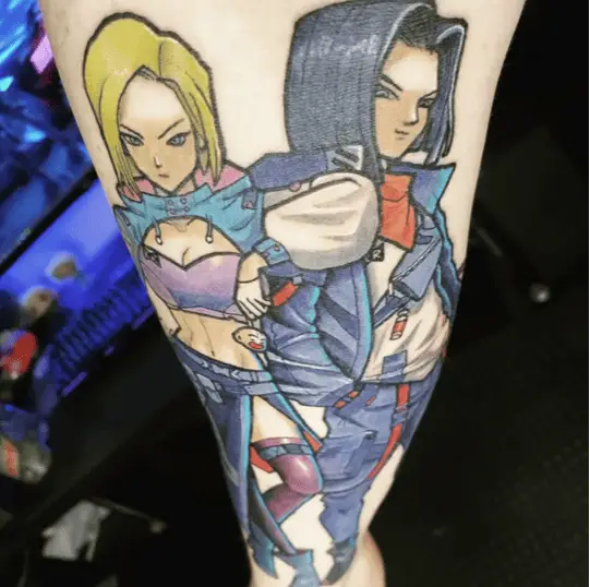 Colored Android 17 and 18 Thigh Tattoo