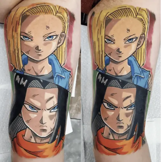 Colored Fierce Android 17 and 18 Leg Tattoo