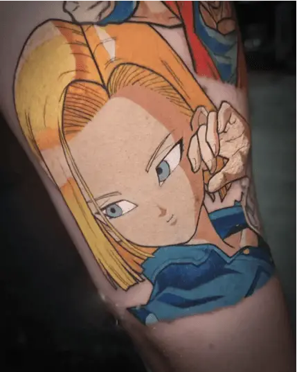 Colored Android 18 With Her Gentle Appearance Thigh Tattoo