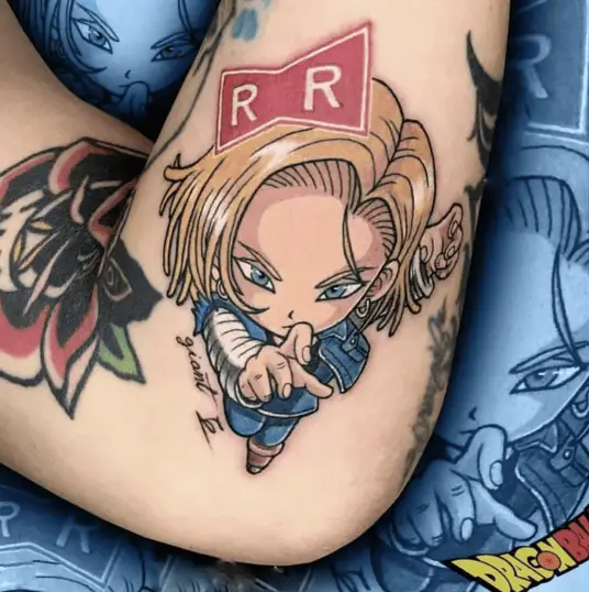 Colored Android 18 Reaching Out Leg Tattoo