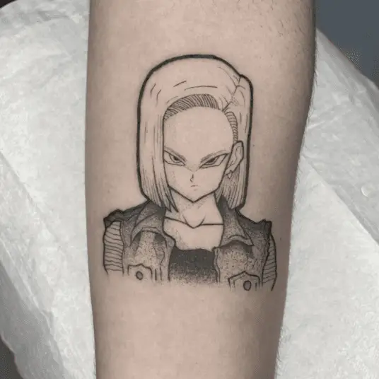 Black and Grey Grumpy Android 18 Arm Tattoo