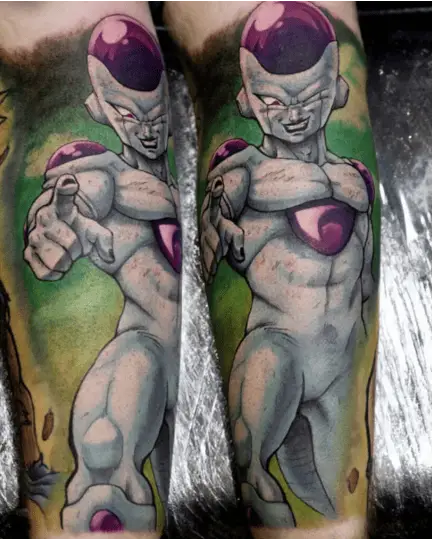 Colored Frieza Standing and Pointing Someone Leg Tattoo
