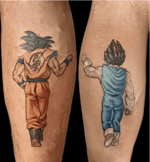 Colored Son Goku and Vegeta Fist Bump While Walking Matching Leg Tattoo