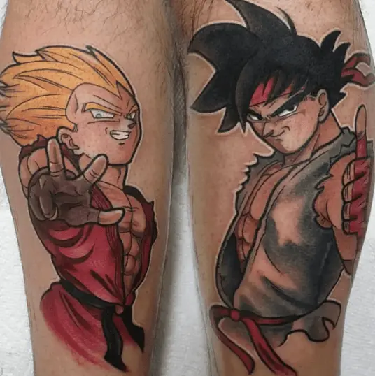 Colored Vegeta and Son Goku in Street Fighter Outfits Matching Leg Tattoo