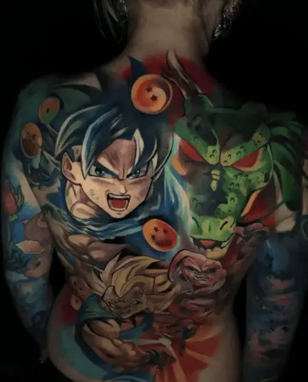 Colorful Illustration of Son Goku, Vegeta and Shenron Full Back Tattoo