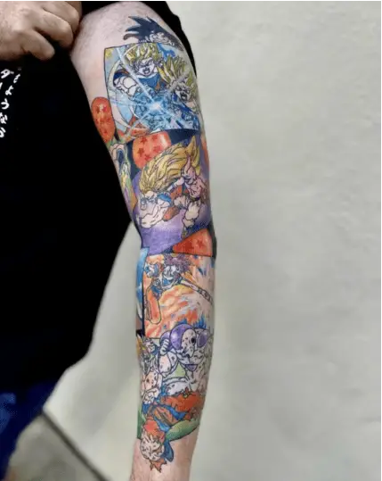 Colorful Illustration of Dragon Ball Z Fighting Scenes Arm Sleeves Tattoo