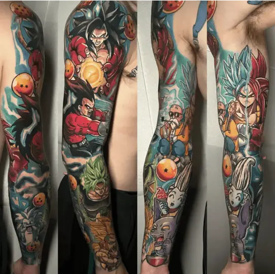 Colored Illustration Dragon Ball Z Anime Characters Full Sleeve Arm Tattoo