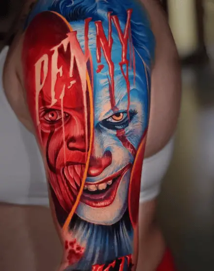 Blue and Red Watercolor Pennywise Clown Tattoo
