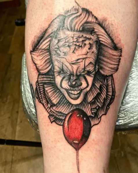 Greyscale Pennywise Clown with Red Balloon Tattoo