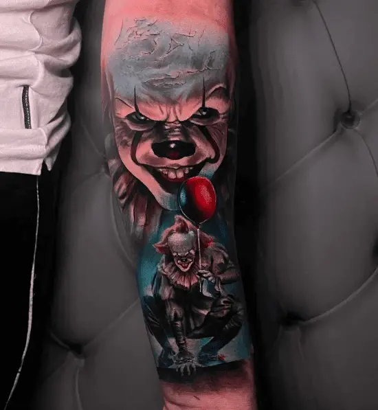 Artistic Pennywise Clown with Red Balloon Forearm Tattoo