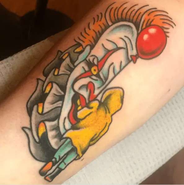 Half Face Pennywise Clown and Georgie with Red Balloon Traditional Tattoo