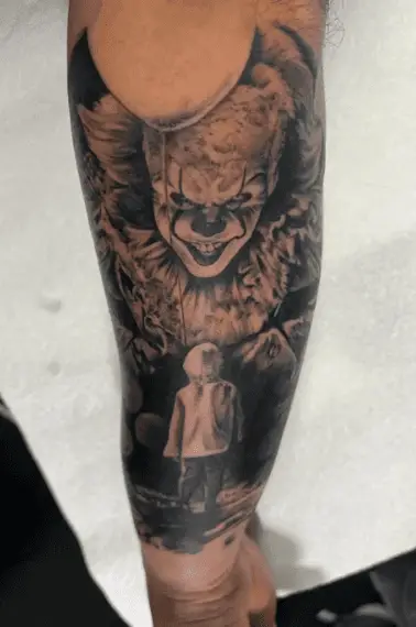 Greyscale Pennywise Clown and Georgie with Balloon Tattoo