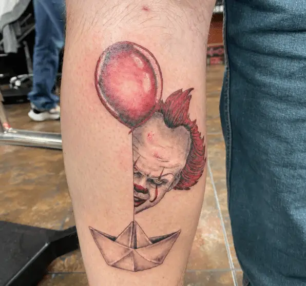 Creepy Peeping Pennywise Clown and Red Balloon and Paper Boat Tattoo