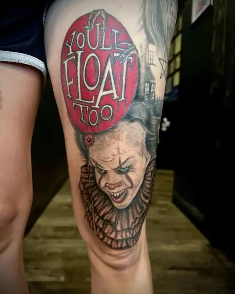 Pennywise Clown and Red Balloon with You'll Float Too Lettering Tattoo 