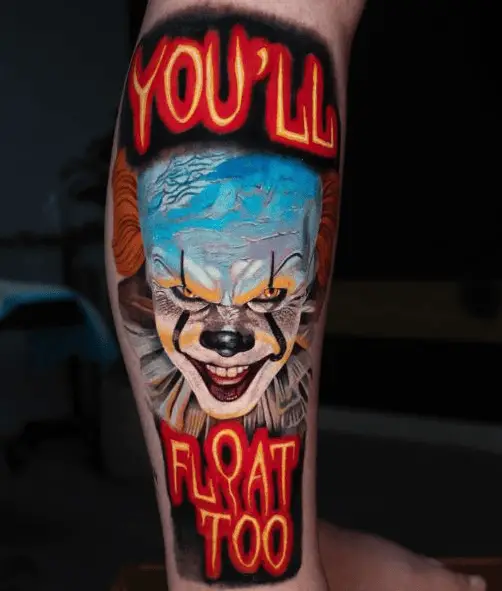 Colored Pennywise Clown with Neon Lettering Tattoo