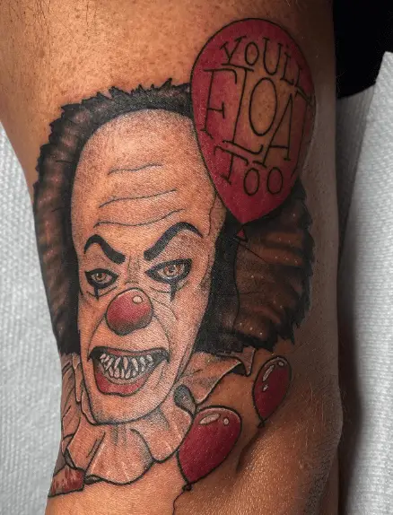 Cartoon Style Clown and Red Balloons with Lettering Tattoo