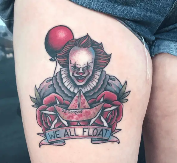 Pennywise Clown, Red Balloon, Paper Boat with Lettering Tattoo