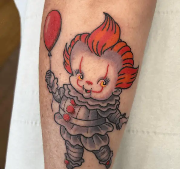 Baby Pennywise Clown with Red Balloon Tattoo