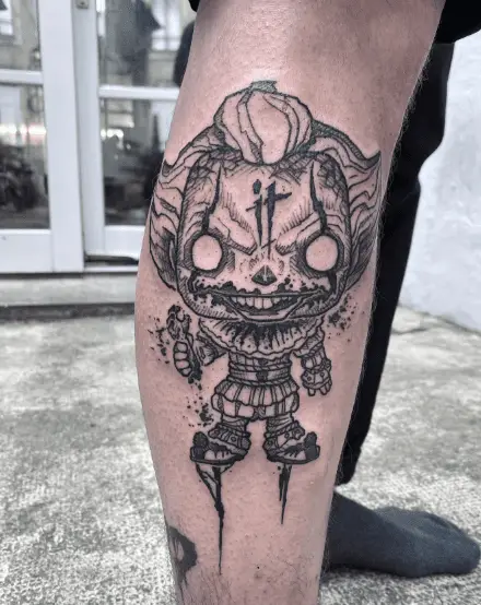 Black Ink Evil Pennywise Clown Leg Tattoo