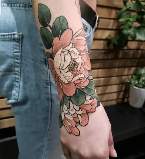 Colored Peony Flower Forearm Tattoo